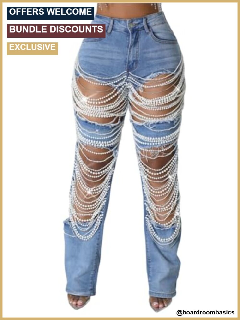 High Waisted Baggy Ripped Jeans for Women Pearl Chain Rhinestone Wide Leg Denim